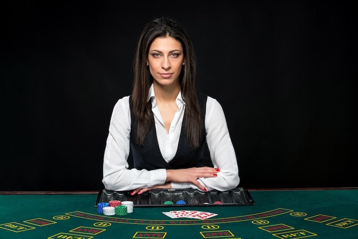 Tampilan antarmuka live casino dengan dealer dan pemain yang aktif